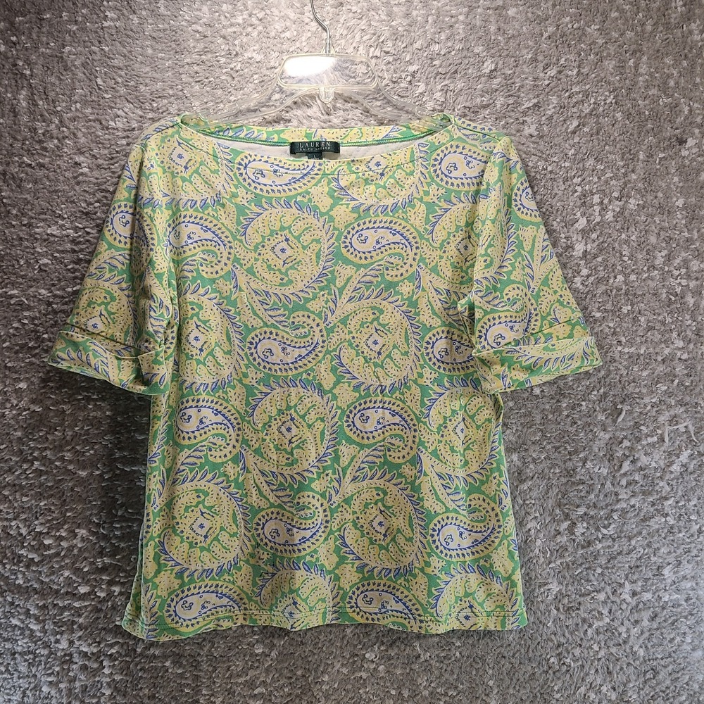 Lauren Ralph Lauren Top Boatneck Cuffed Short Sleeve Women's L Paisley Cotton